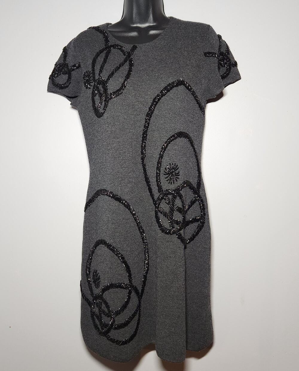 Tory Burch Charcoal Gray 100% Wool Knit Shift Dress Beaded Womens Small